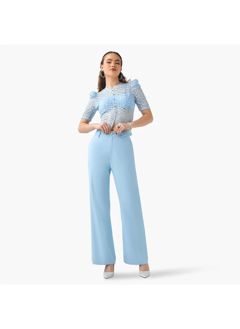 2Xtremz 2Xtremz Flower Lace Sheer Top with Button Closure and Puff Sleeves