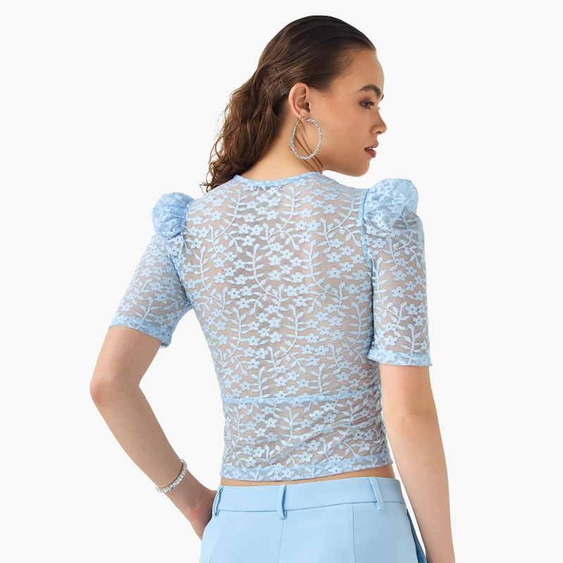 2Xtremz 2Xtremz Flower Lace Sheer Top with Button Closure and Puff Sleeves