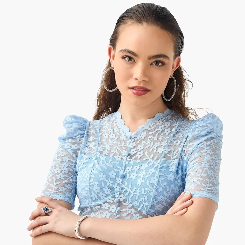 2Xtremz 2Xtremz Flower Lace Sheer Top with Button Closure and Puff Sleeves