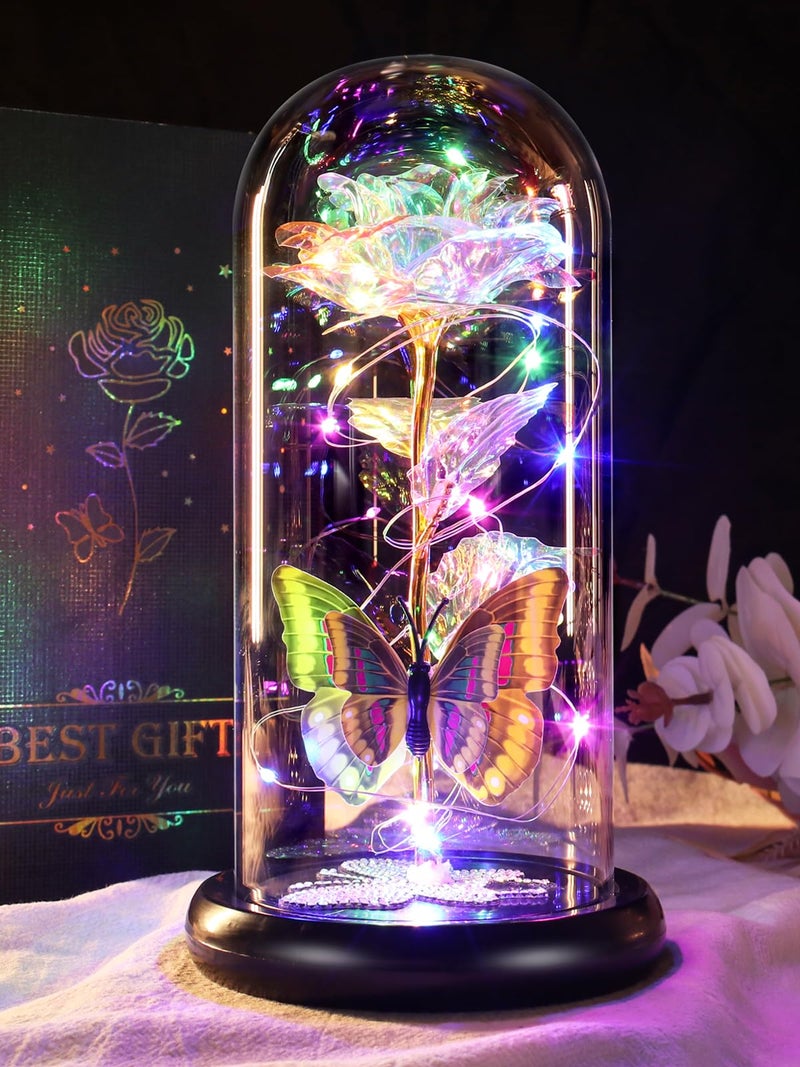 DEEMEI Birthday Gifts for Women Colorful Rose Eternal Flower Light Up Rose in Glass Dome with Butterfly Flowers for Delivery Prime Mom Gift from Daughter Anniversary Wife Girlfriend Grandma Gift