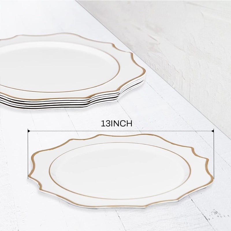 MAONAME 13 White Charger Plates Set of 6 Round Chargers for Dinner Plates Scallop Plate Chargers with Gold Rim Plastic Chargers for Table Setting Wedding Decor - Image 2
