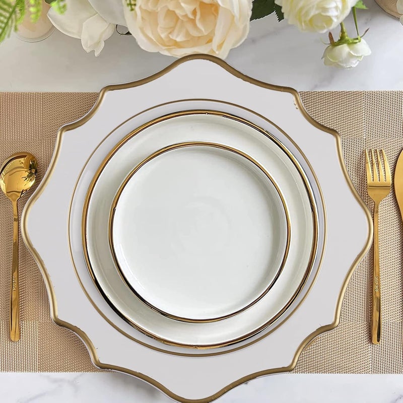 MAONAME 13 White Charger Plates Set of 6 Round Chargers for Dinner Plates Scallop Plate Chargers with Gold Rim Plastic Chargers for Table Setting Wedding Decor - Image 3