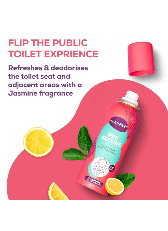 Evereve Pee Secure Toilet Seat Sanitizer Spray Combo Pack of 2 100ml Reduces UTI Risk Anti Odour Germ Killing Kills 99.9 Percent Germs Lemon and Jasmine  - Image 5