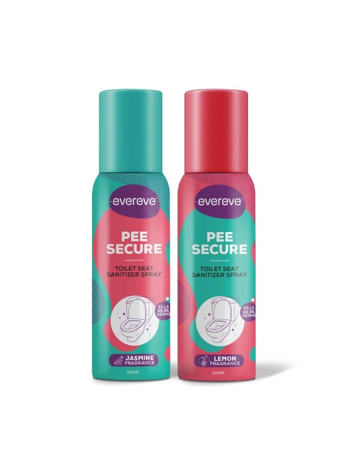 Evereve Pee Secure Toilet Seat Sanitizer Spray Combo Pack of 2 100ml Reduces UTI Risk Anti Odour Germ Killing Kills 99.9 Percent Germs Lemon and Jasmine  - Image 1