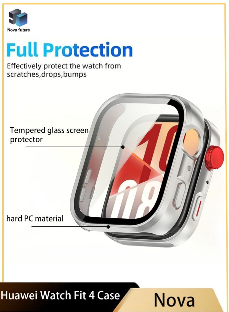 مستقبل نوفا غطاء Huawei Watch Fit 4 مصنوع من البلاستيك الصلب مع واقي شاشة من الزجاج المقوى، غطاء حماية شامل (الفضة) - Image 1