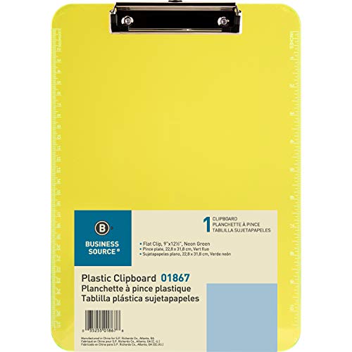 Business Source Flat Clip Neon Green Plastic Clipboard - Image 1