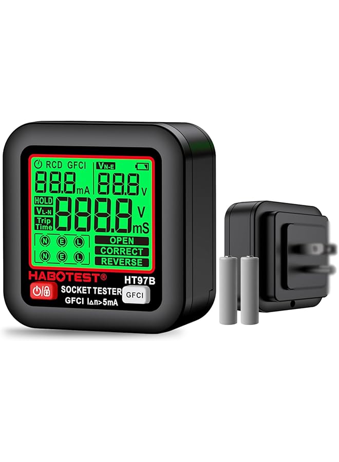 promass GFCI Outlet Tester with LCD Display, Receptacle Detector, Electric Voltage Tester for Standard 3-Wire 260V AC Voltage, Socket Checker 6 Visual Indicators/Wiring Legend for Home (HT97B) - Image 1