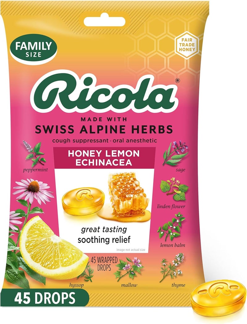 Ricola Honey Lemon with Echinacea Cough Drops 45 Count Delicious Throat Relief  Care Oral Anesthetic Naturally Flavored - Image 1