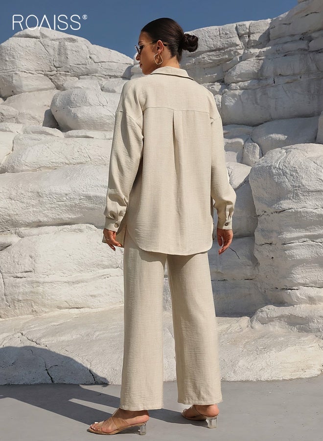 roaiss Women's Plus Size Two-Piece Set, Elegant and Slimming Long-Sleeve Suit, Pants and Cardigan Two-Piece Set, Solid Color Commuter Casual Suit, Apricot - Image 3