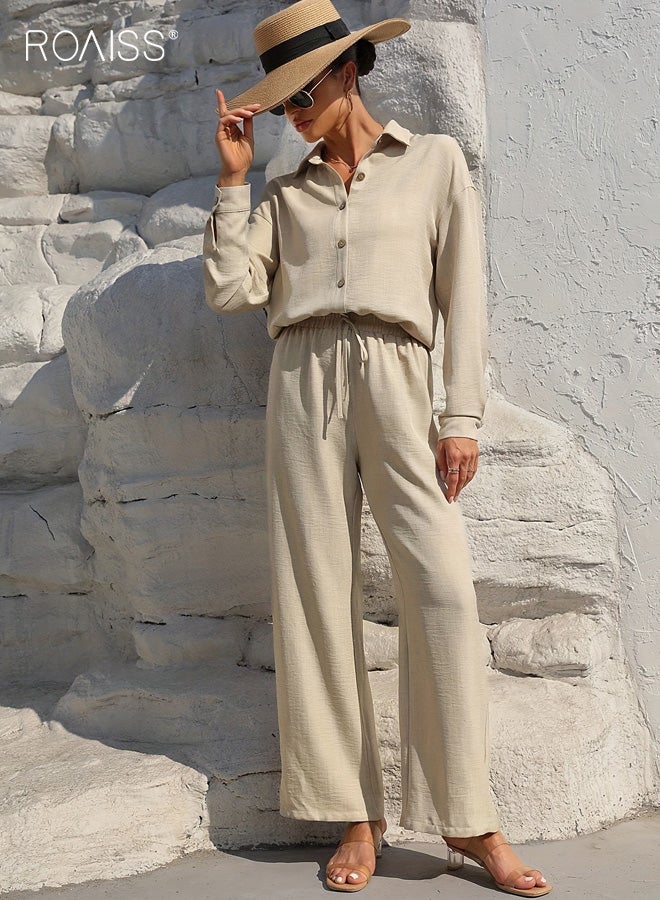 roaiss Women's Plus Size Two-Piece Set, Elegant and Slimming Long-Sleeve Suit, Pants and Cardigan Two-Piece Set, Solid Color Commuter Casual Suit, Apricot - Image 1