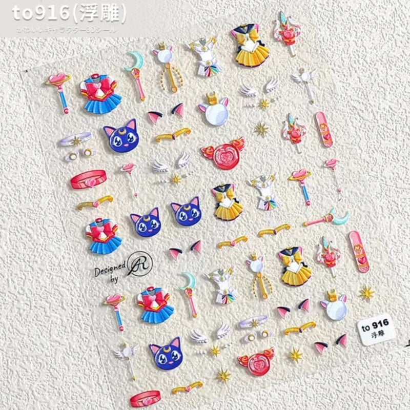 TPhaelay New Cartoon Anime Princess Moon Hare Nail Sticker Decals 5D Embossed(2 Sheets) + 3D Diamond Nail Art Accessories(4 Pcs) - Image 3
