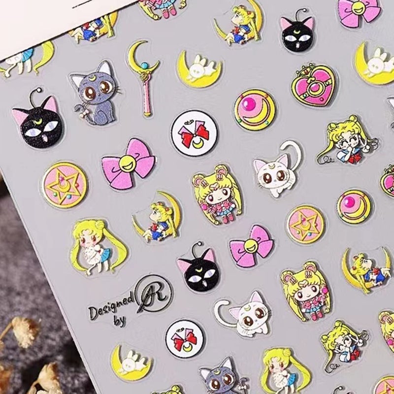 TPhaelay New Cartoon Anime Princess Moon Hare Nail Sticker Decals 5D Embossed(2 Sheets) + 3D Diamond Nail Art Accessories(4 Pcs) - Image 5