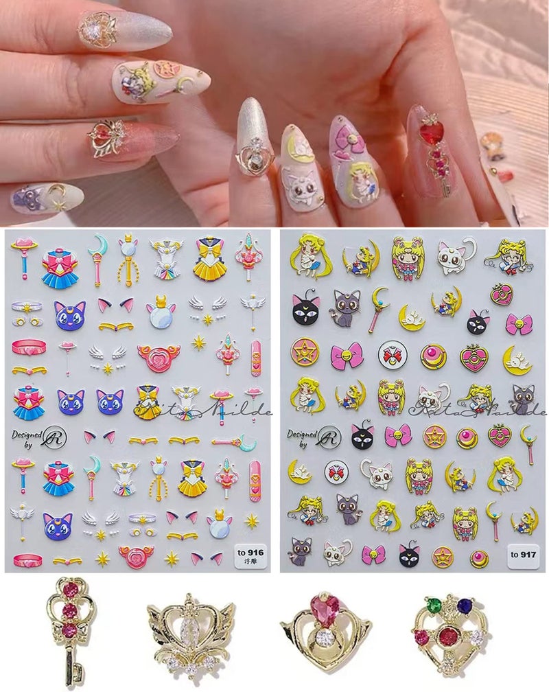 TPhaelay New Cartoon Anime Princess Moon Hare Nail Sticker Decals 5D Embossed(2 Sheets) + 3D Diamond Nail Art Accessories(4 Pcs) - Image 1
