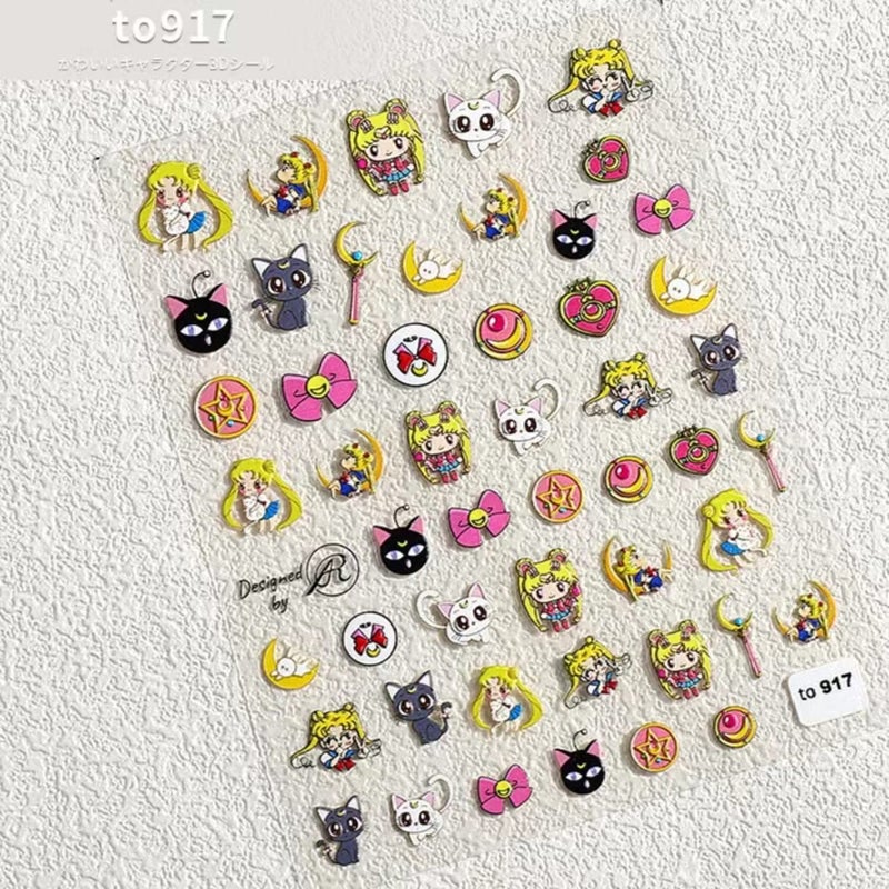 TPhaelay New Cartoon Anime Princess Moon Hare Nail Sticker Decals 5D Embossed(2 Sheets) + 3D Diamond Nail Art Accessories(4 Pcs) - Image 4