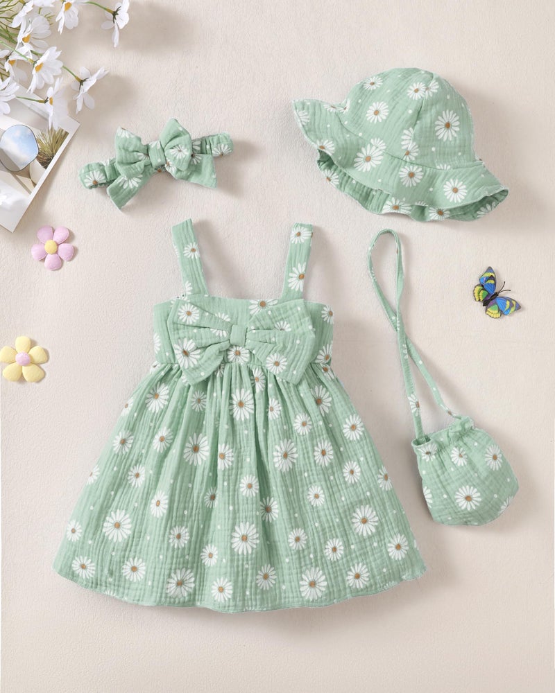 SODLON 18 Month Girl Dresses Sleeveless Causal Summer Dress Toddler Girl Clothes 18-24 Months Big Bow Green Daisy Flower Sun Dress with Hat Cute Floral 24 Month Girl Outfits - Image 2