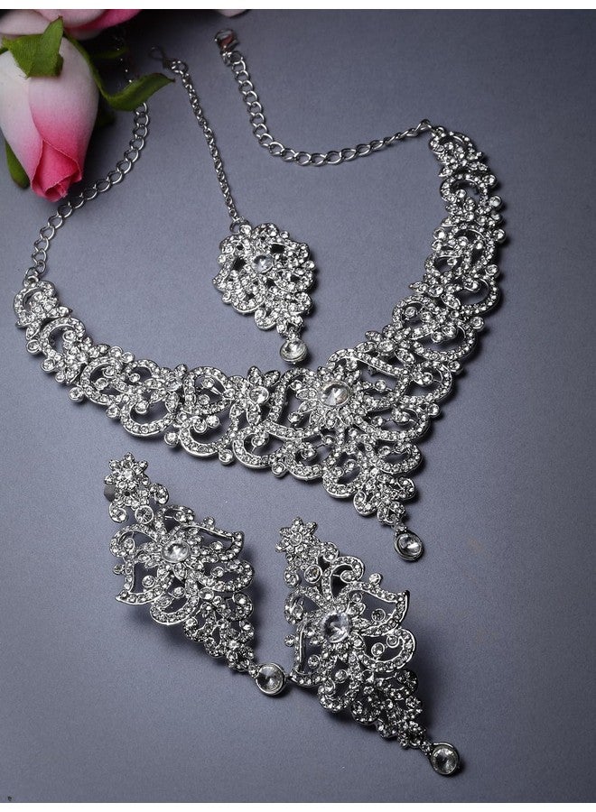 Sukkhi High-Fashion Rhodium Plated Silver AD White Stones Floral Collar Bone Necklace Set With Earring And Maangtika | Jewellery Set For Women (NS105612) - Image 3