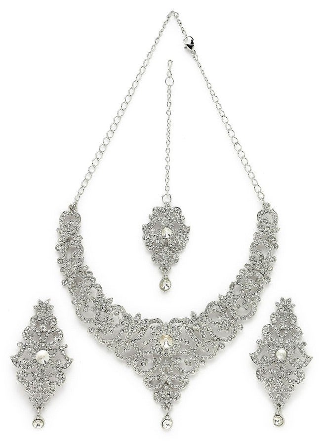 Sukkhi High-Fashion Rhodium Plated Silver AD White Stones Floral Collar Bone Necklace Set With Earring And Maangtika | Jewellery Set For Women (NS105612) - Image 1