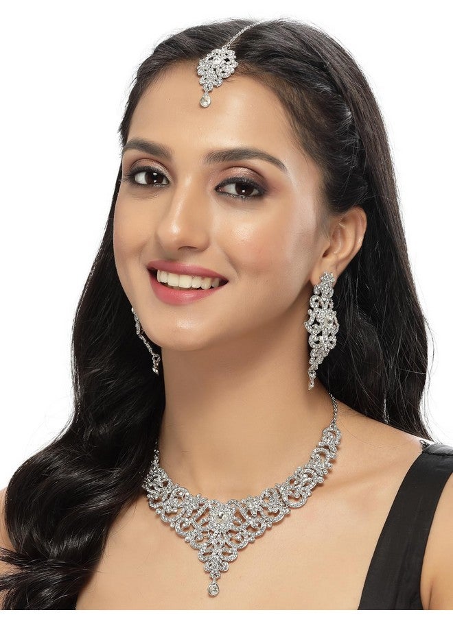Sukkhi High-Fashion Rhodium Plated Silver AD White Stones Floral Collar Bone Necklace Set With Earring And Maangtika | Jewellery Set For Women (NS105612) - Image 2