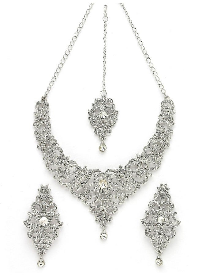 Sukkhi High-Fashion Rhodium Plated Silver AD White Stones Floral Collar Bone Necklace Set With Earring And Maangtika | Jewellery Set For Women (NS105612) - Image 5