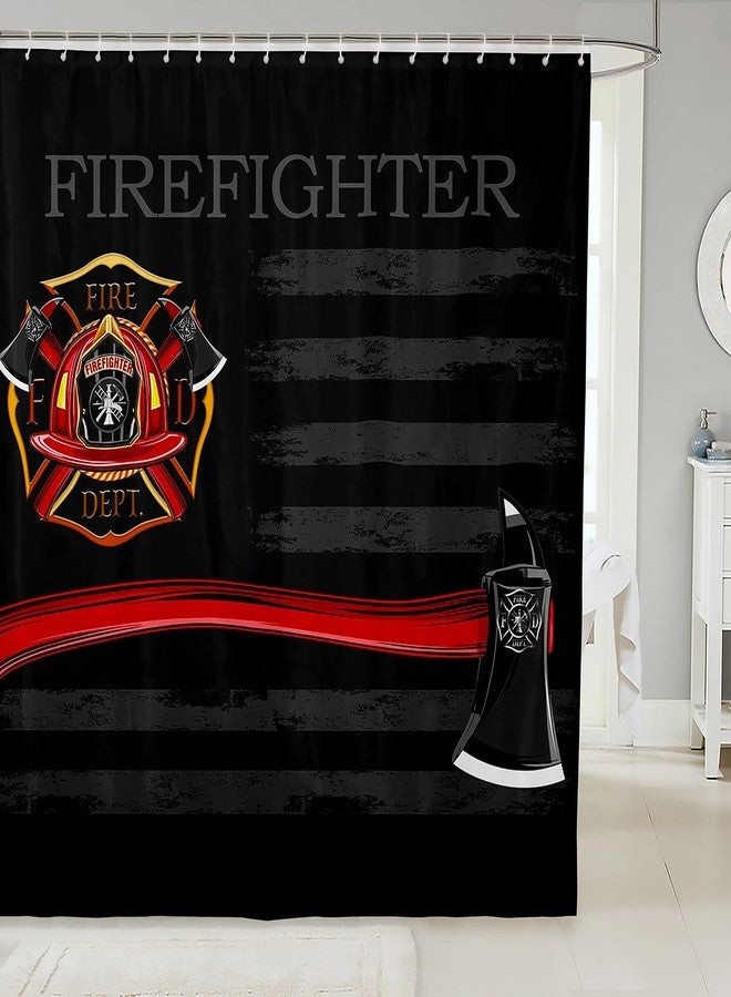 Homewish Firefighter Shower Curtains,American Flag Geometric Stripes Bathroom Curtains for Boys Girls Adults,Fire Fighting Truck Tools Red Black Fashion Waterproof Curtains,12 Hooks Suits,72" W x 72" L - Image 1