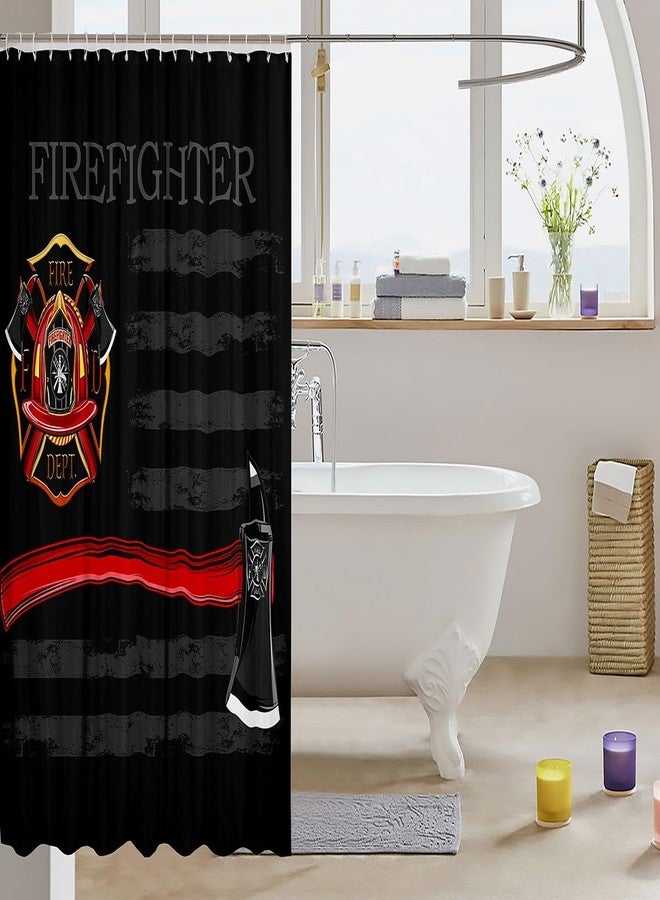 Homewish Firefighter Shower Curtains,American Flag Geometric Stripes Bathroom Curtains for Boys Girls Adults,Fire Fighting Truck Tools Red Black Fashion Waterproof Curtains,12 Hooks Suits,72" W x 72" L - Image 3