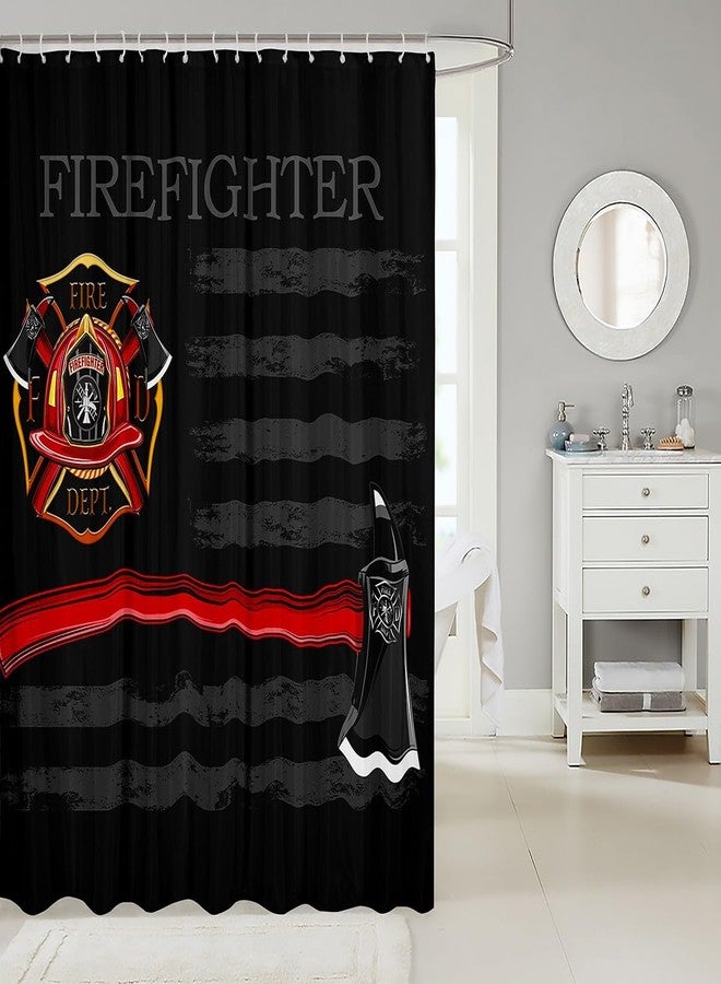 Homewish Firefighter Shower Curtains,American Flag Geometric Stripes Bathroom Curtains for Boys Girls Adults,Fire Fighting Truck Tools Red Black Fashion Waterproof Curtains,12 Hooks Suits,72" W x 72" L - Image 2