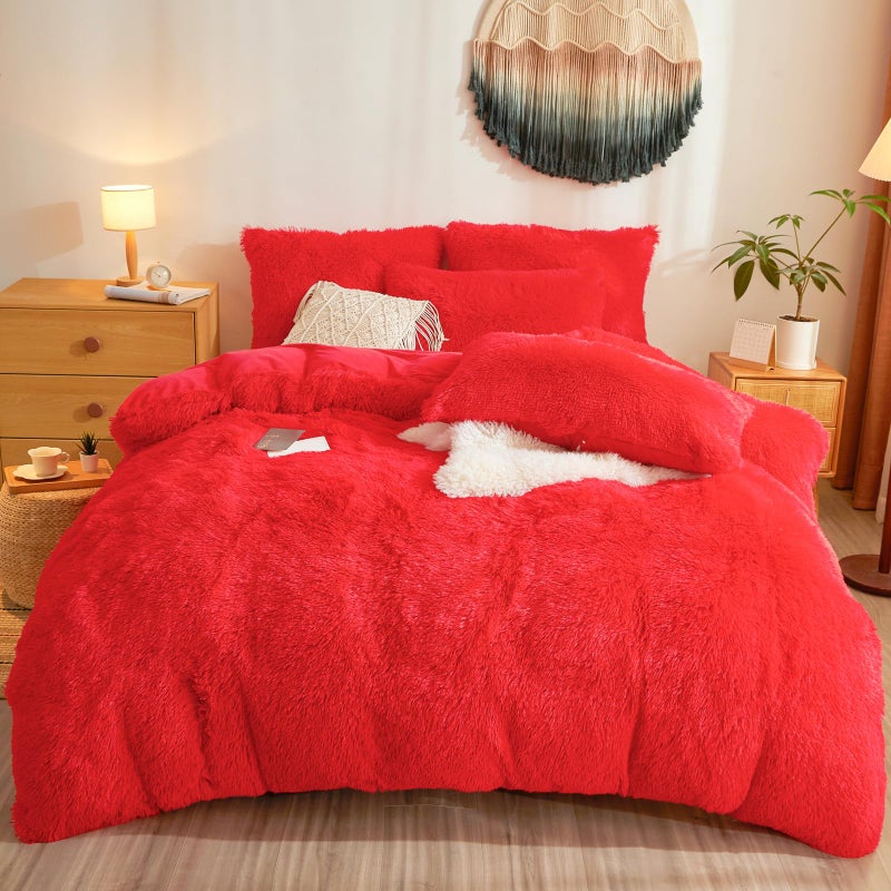 Faux Fur Fluffy Red Comforter Cover Queen Set  Plush Faux Fur Red Bedding 3Piece Set 1 Duvet Cover  2 Furry Pillow Shams Cozy Bed Set