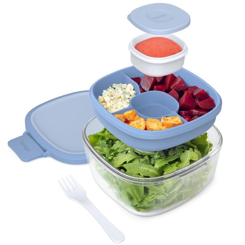 Bentgo Glass Salad Container - 7.6-Cup Salad Bowl with Airtight Lid, Leak-Proof Sauce Container, 4-Compartment Bento Tray & Reusable Fork - BPA-Free for Meal Prep, Office & More (Light Blue) - Image 1