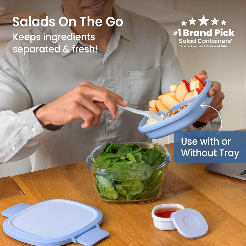 Bentgo Glass Salad Container - 7.6-Cup Salad Bowl with Airtight Lid, Leak-Proof Sauce Container, 4-Compartment Bento Tray & Reusable Fork - BPA-Free for Meal Prep, Office & More (Light Blue) - Image 2