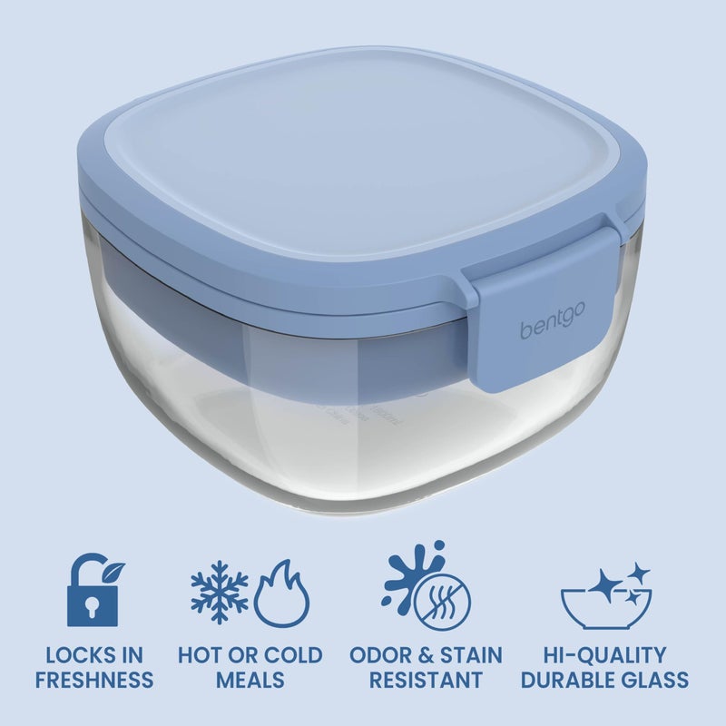 Bentgo Glass Salad Container - 7.6-Cup Salad Bowl with Airtight Lid, Leak-Proof Sauce Container, 4-Compartment Bento Tray & Reusable Fork - BPA-Free for Meal Prep, Office & More (Light Blue) - Image 3