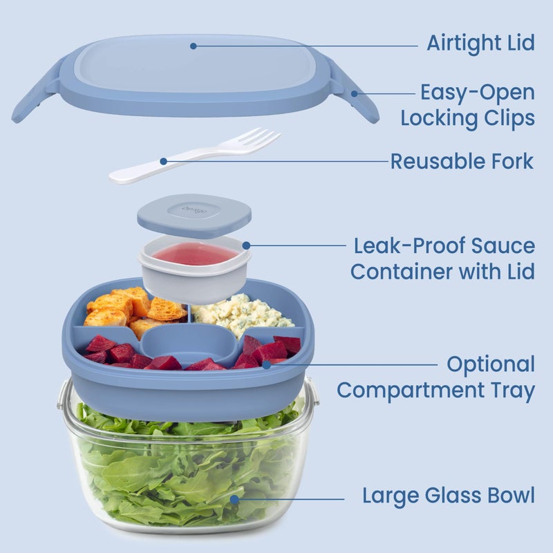 Bentgo Glass Salad Container - 7.6-Cup Salad Bowl with Airtight Lid, Leak-Proof Sauce Container, 4-Compartment Bento Tray & Reusable Fork - BPA-Free for Meal Prep, Office & More (Light Blue) - Image 5