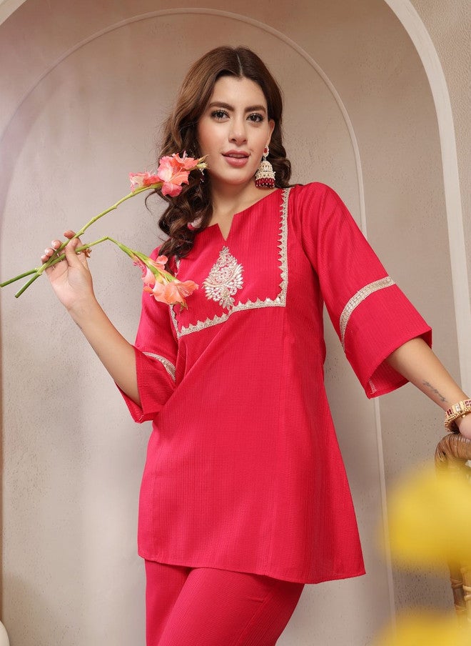 Indibelle Pink Embroidered Round Neck Tunic with Solid Trouser Set - Image 2