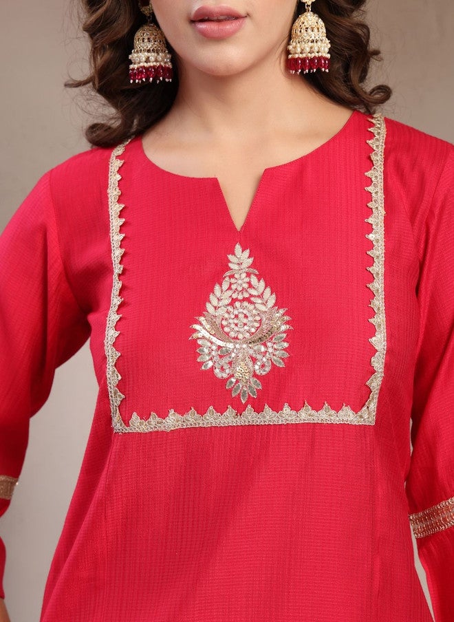 Indibelle Pink Embroidered Round Neck Tunic with Solid Trouser Set - Image 4
