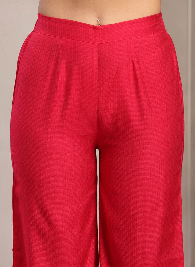 Indibelle Pink Embroidered Round Neck Tunic with Solid Trouser Set - Image 3