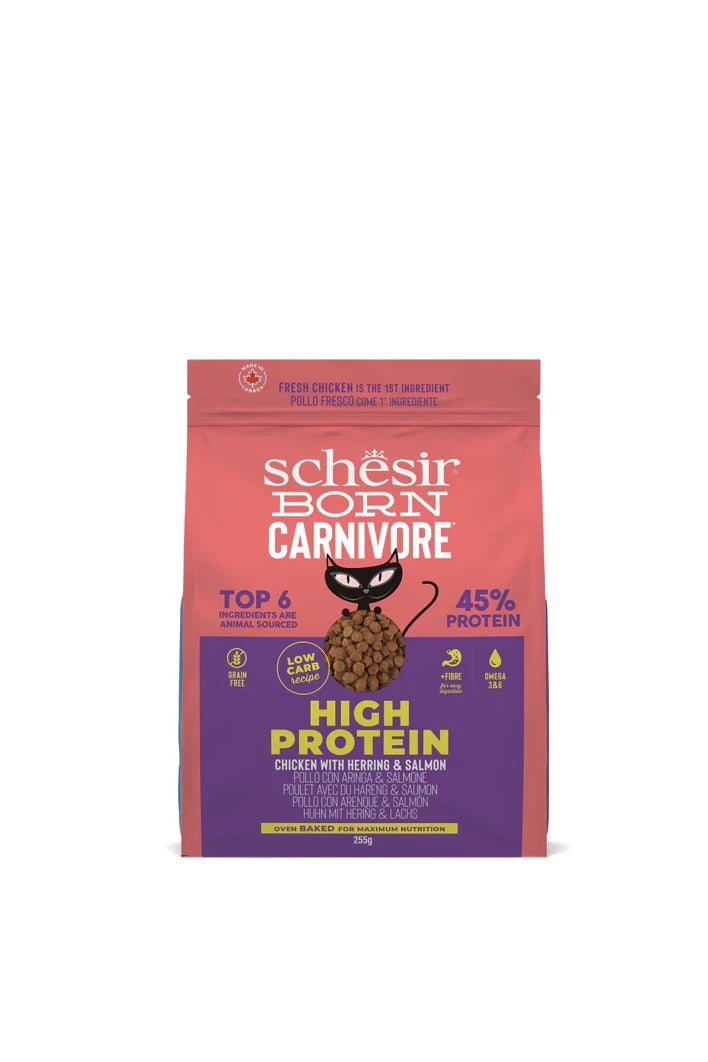 Schesir Born Carnivore Cat Dry Food – Chicken & Herring – 255g – High Protein, Grain Free, Oven Baked, 45% Animal Protein, Omega 3 & 6, Low Carb, Easy Digestion, Made in Canada - Image 1