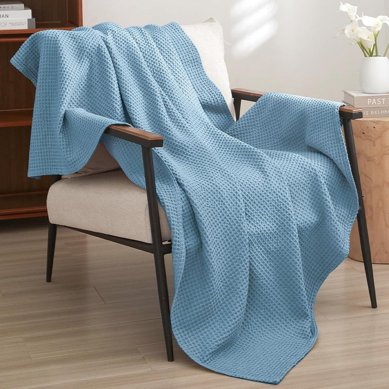 PHF 100% Pre-Washed Cotton Waffle Weave Throw Blanket (127 cm x 152 cm) - Washed Warm Soft Lightweight Breathable Throw for Adults and Kids-Perfect Blanket Layer for Couch Bed Sofa-Elegant Home Decoration- Dusty Blue - Image 2