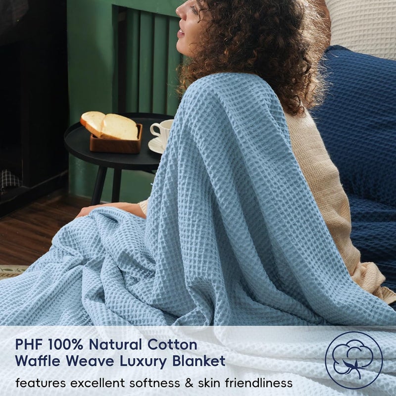 PHF 100% Pre-Washed Cotton Waffle Weave Throw Blanket (127 cm x 152 cm) - Washed Warm Soft Lightweight Breathable Throw for Adults and Kids-Perfect Blanket Layer for Couch Bed Sofa-Elegant Home Decoration- Dusty Blue - Image 3