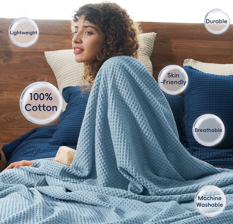 PHF 100% Pre-Washed Cotton Waffle Weave Throw Blanket (127 cm x 152 cm) - Washed Warm Soft Lightweight Breathable Throw for Adults and Kids-Perfect Blanket Layer for Couch Bed Sofa-Elegant Home Decoration- Dusty Blue - Image 4