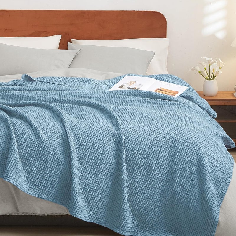 PHF 100% Pre-Washed Cotton Waffle Weave Throw Blanket (127 cm x 152 cm) - Washed Warm Soft Lightweight Breathable Throw for Adults and Kids-Perfect Blanket Layer for Couch Bed Sofa-Elegant Home Decoration- Dusty Blue - Image 5