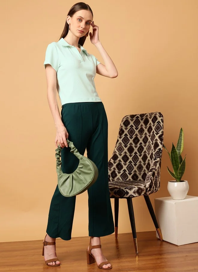 MINT STREET Mint Green Slim Fit Polo Collar T-Shirt for Women