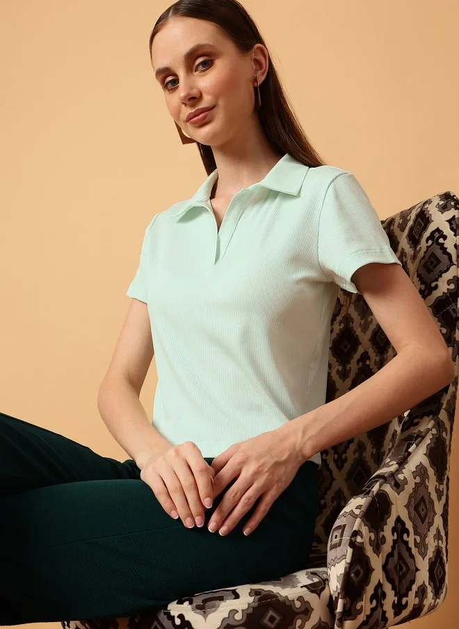 MINT STREET Mint Green Slim Fit Polo Collar T-Shirt for Women