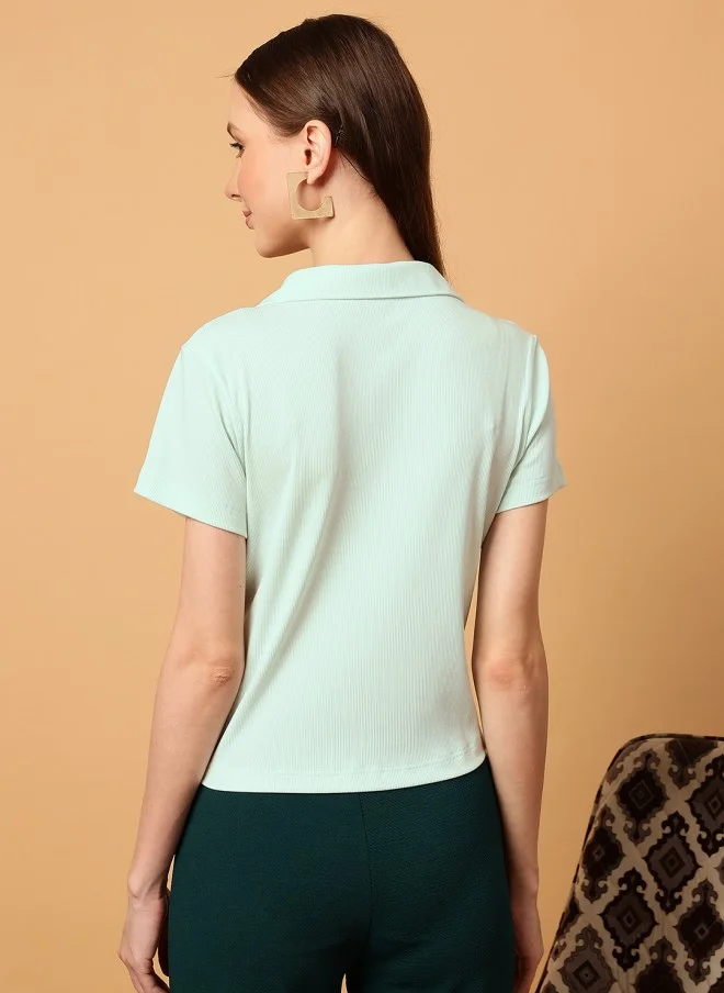 MINT STREET Mint Green Slim Fit Polo Collar T-Shirt for Women