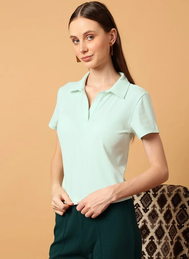 MINT STREET Mint Green Slim Fit Polo Collar T-Shirt for Women