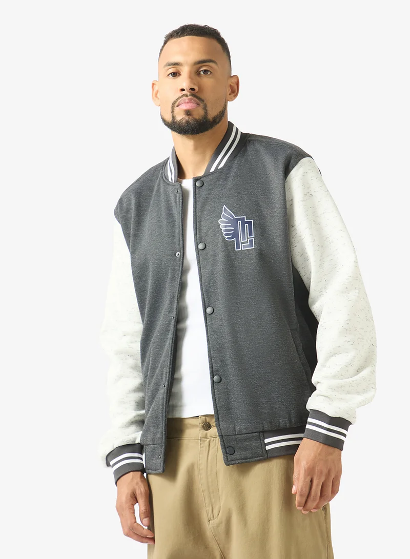 Seventy Five Classic Contrast Sleeve Snap Button Varsity Jacket