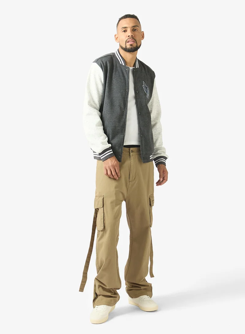 Classic Contrast Sleeve Snap Button Varsity Jacket