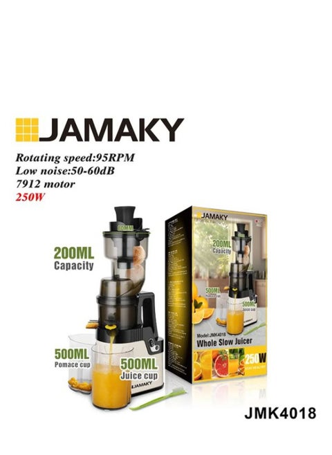 Electric Whole Slow Juicer Stainless Steel 250W with Italian technology JMK4018 - 200ml Made of Stainless Steel Power: 250W Capacity: 200ml Easy to use High quality Comfortable handle and easy to use - black