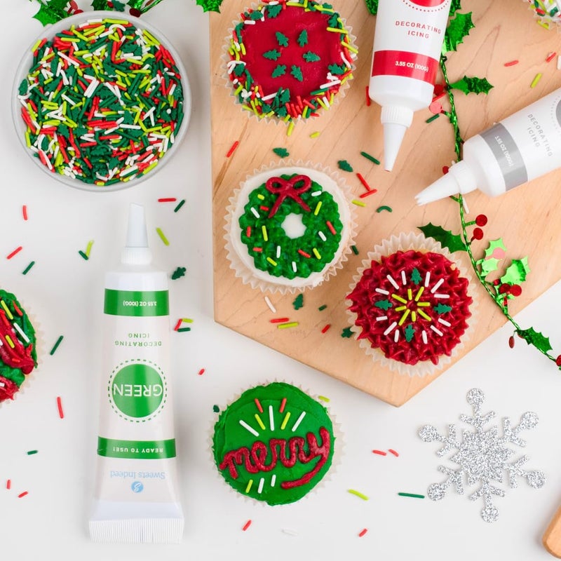 Sweets Indeed Christmas Cookie Decorating Kit – 11.31 oz | 3 Frosting Tubes (Red, Green & White) + 4 Decorating Tips + 2.5 oz Holiday Sprinkles for Christmas Cookies, Cupcakes & Cakes - Image 5