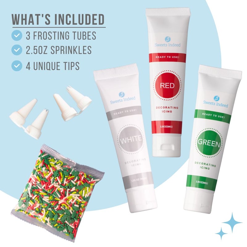 Sweets Indeed Christmas Cookie Decorating Kit – 11.31 oz | 3 Frosting Tubes (Red, Green & White) + 4 Decorating Tips + 2.5 oz Holiday Sprinkles for Christmas Cookies, Cupcakes & Cakes - Image 2