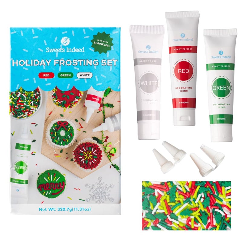 Sweets Indeed Christmas Cookie Decorating Kit – 11.31 oz | 3 Frosting Tubes (Red, Green & White) + 4 Decorating Tips + 2.5 oz Holiday Sprinkles for Christmas Cookies, Cupcakes & Cakes - Image 1
