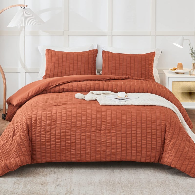 AveLom Terracotta Seersucker Queen Comforter Set 90x90 inches 3 Pieces 100 Soft Washed Microfiber Lightweight Comforter with 2 Pillowcases All Season Down Alternative Comforter Set for Bedding